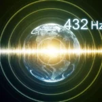 Esfera terrestre con ondas sonoras luminosas y concéntricas que irradian, y el número '432 Hz', simbolizando conexión universal y paz.