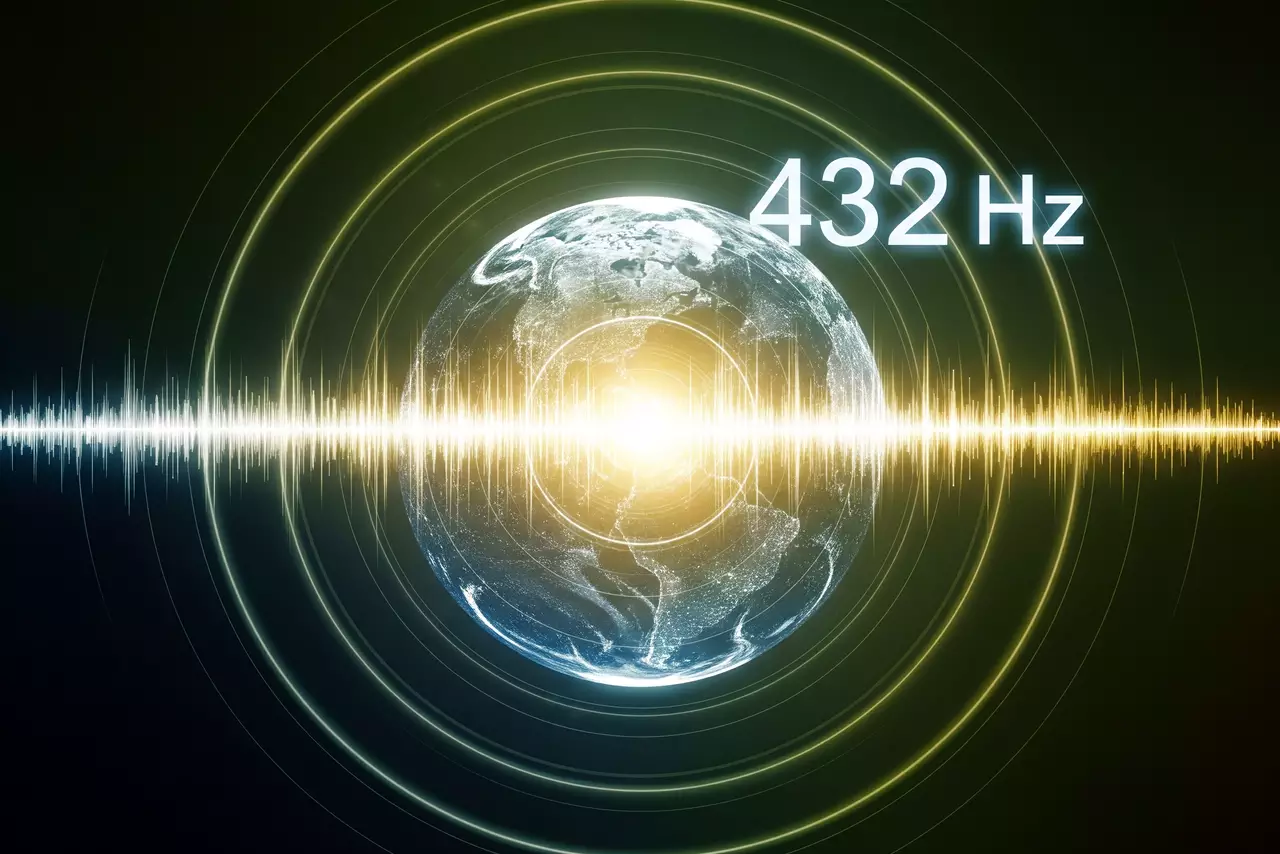 Esfera terrestre con ondas sonoras luminosas y concéntricas que irradian, y el número '432 Hz', simbolizando conexión universal y paz.