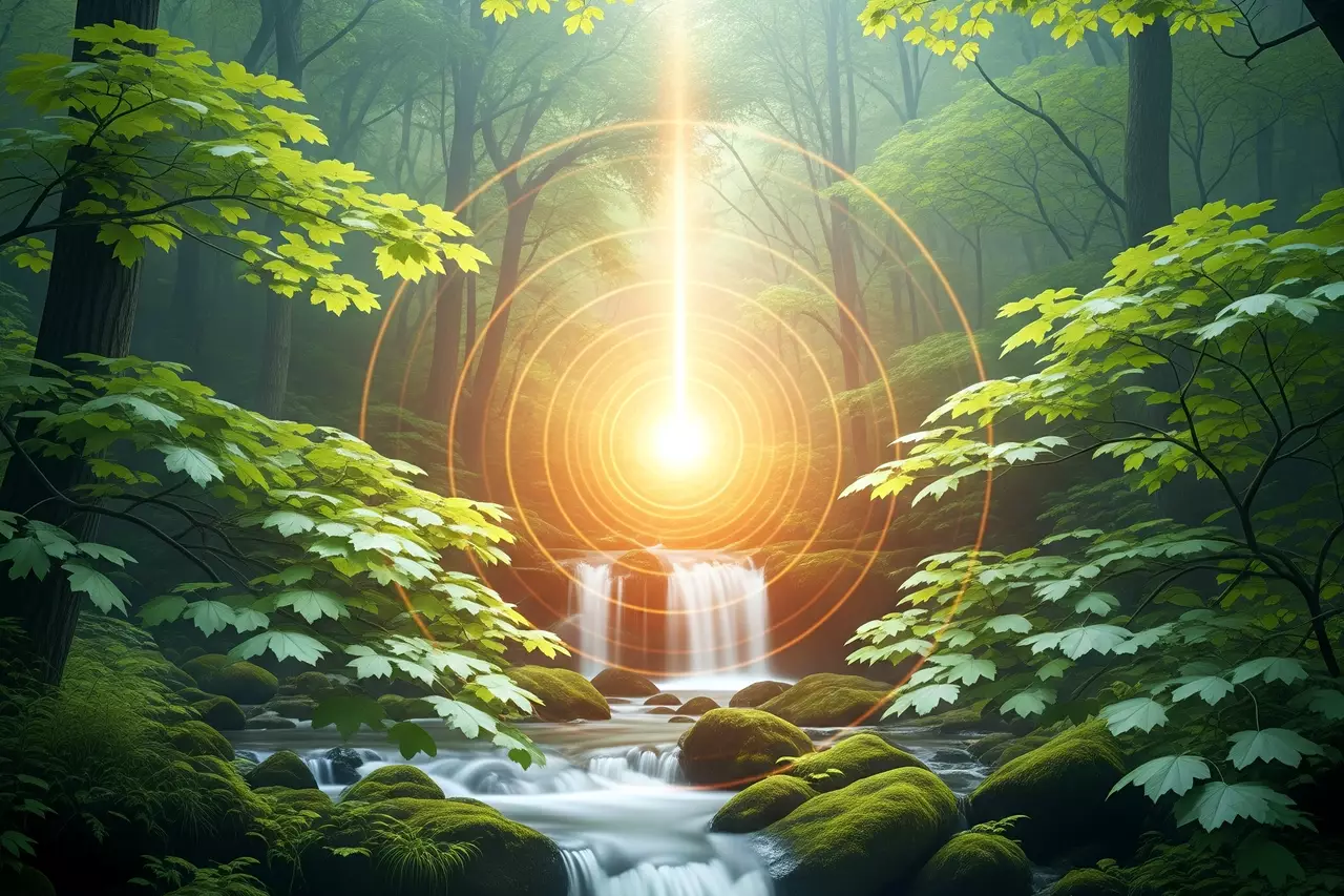Bosque sereno con cascada, luz dorada vibrante y hojas verdes, simbolizando la energía curativa del sonido natural.