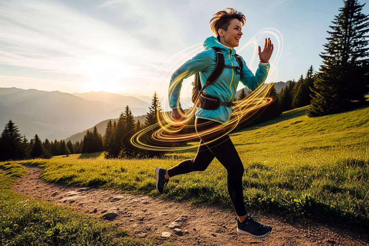 Una persona con expresión alegre corriendo o estirándose en un sendero de montaña soleado, con sutiles efectos de luz que simbolizan energía y bienestar.