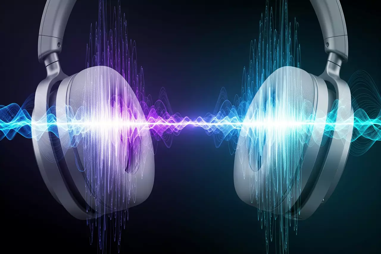 La ciencia del sonido en acción: auriculares que sintonizan tu mente. Auriculares modernos con ondas cerebrales luminosas en tonos azules, morados y turquesas, representando la concentración y la ciencia del sonido.