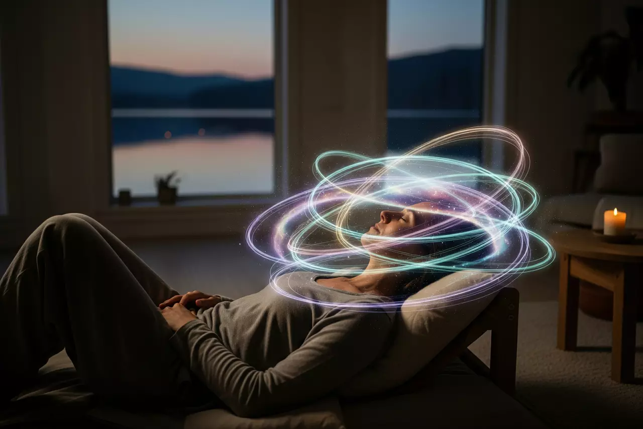Una persona relajada con los ojos cerrados, rodeada de patrones de luz suaves que simbolizan un viaje al subconsciente y la transformación positiva.