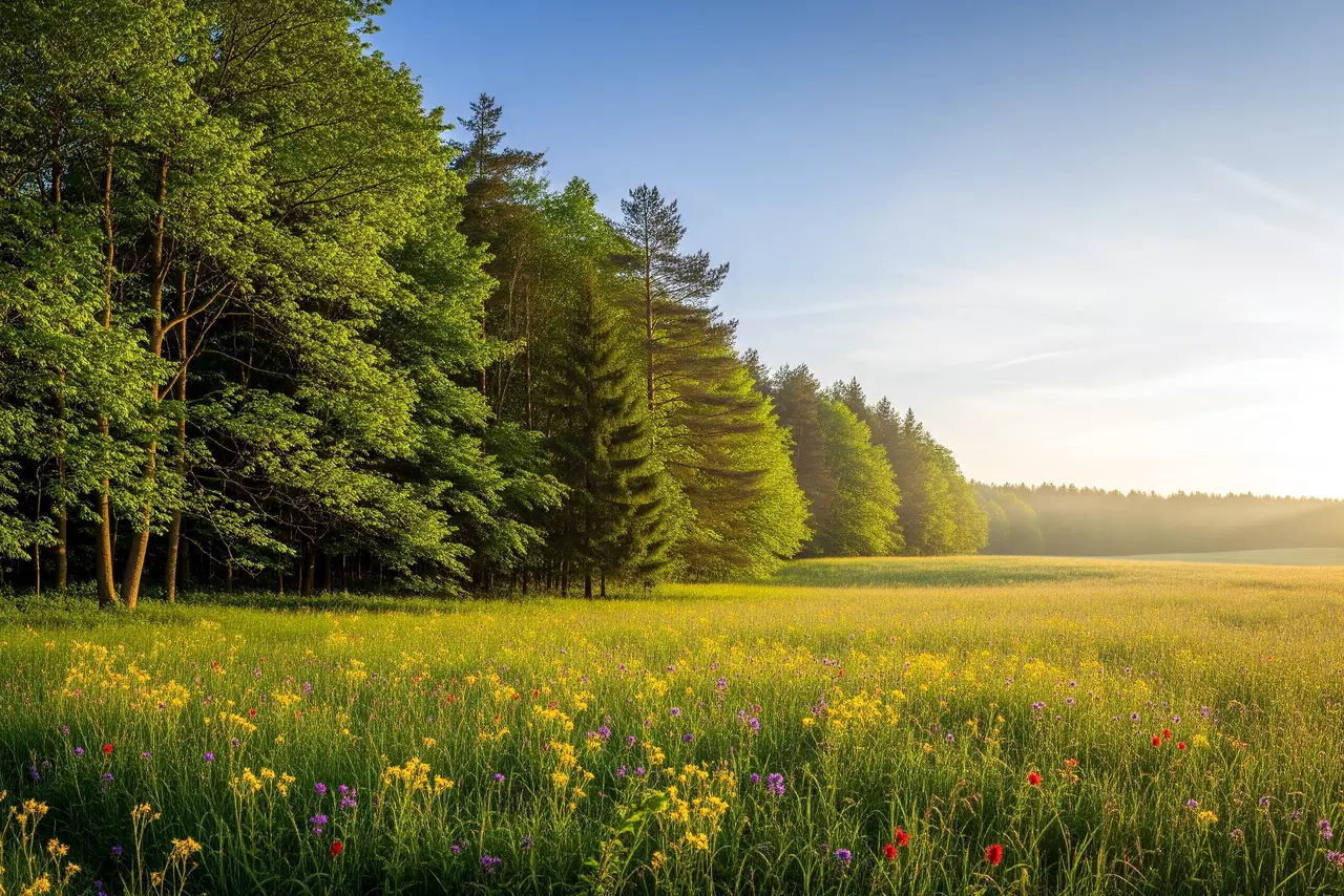 Un campo verde lleno de flores silvestres de colores bajo un cielo azul claro, bordeado por un denso bosque iluminado por el sol del amanecer.