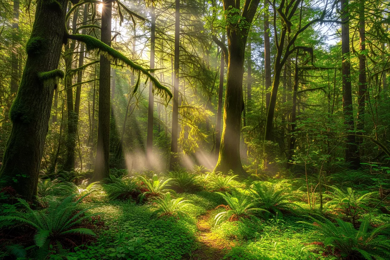 Un bosque exuberante y sereno con rayos de sol filtrándose entre los árboles y una neblina etérea, sin presencia humana, simbolizando un baño de bosque.