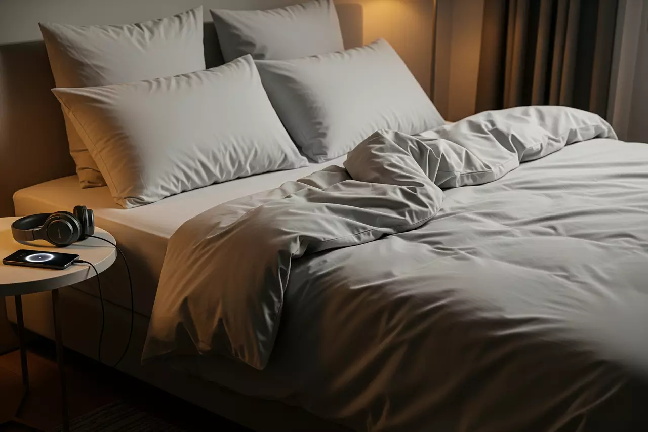 Cama acogedora en una habitación con luz tenue, con un smartphone y auriculares para escuchar sonidos relajantes.
