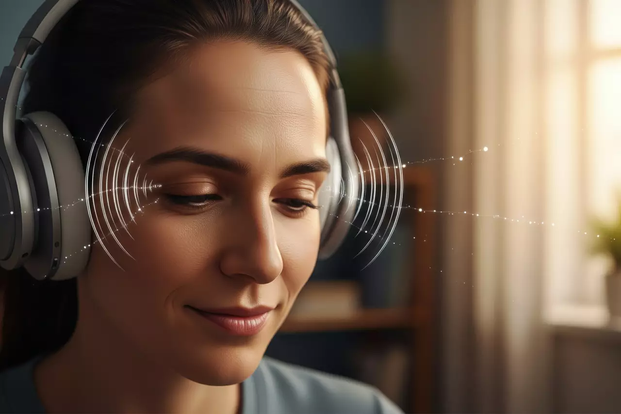 Una persona con expresión serena y auriculares, con sutiles ondas de luz alrededor de su cabeza, simbolizando la relajación y el hormigueo del ASMR.