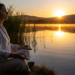 Persona meditando tranquilamente con auriculares junto a un lago sereno al atardecer, montañas al fondo.