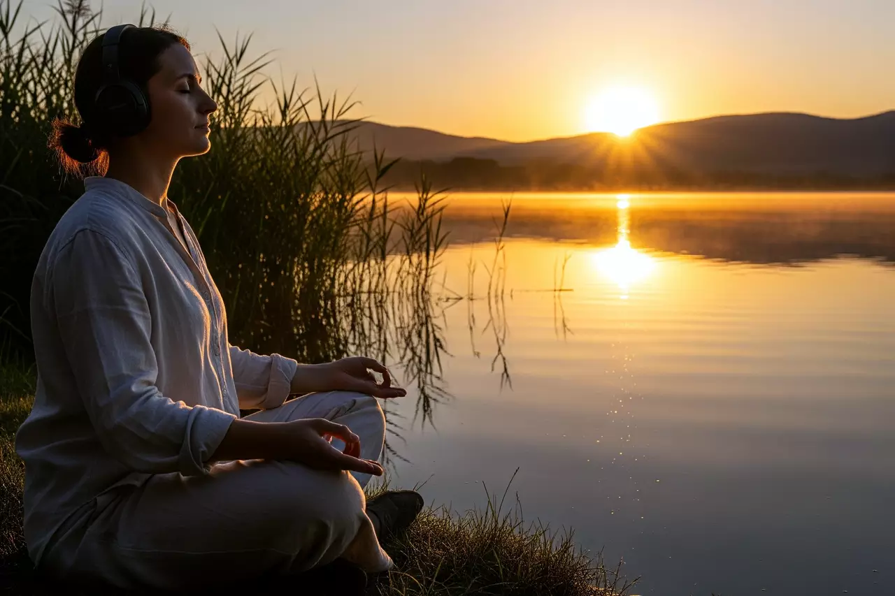 Persona meditando tranquilamente con auriculares junto a un lago sereno al atardecer, montañas al fondo.