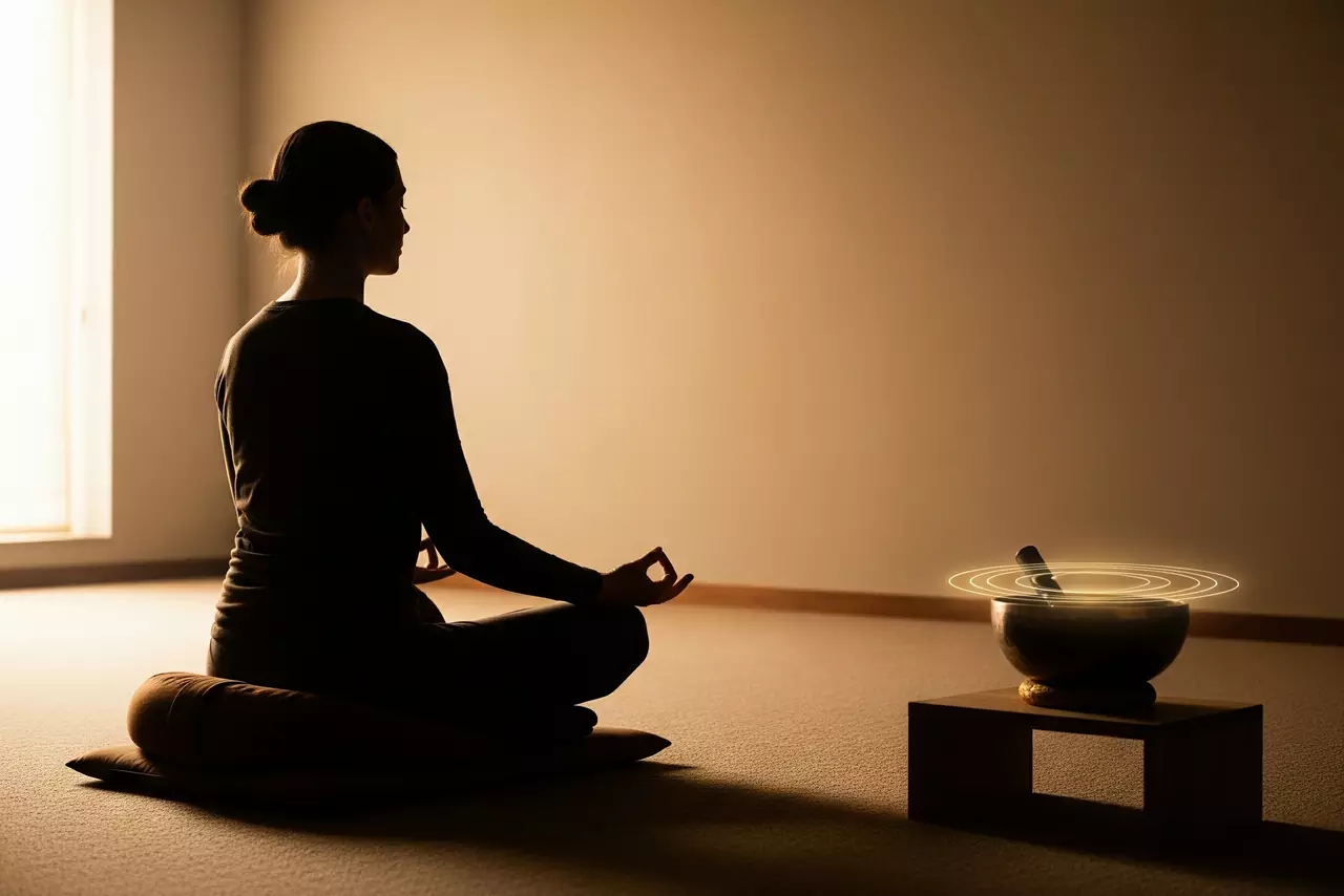Encuentra tu paz interior a través de la meditación y las vibraciones sanadoras. Persona meditando de espaldas en un espacio minimalista con un cuenco tibetano y un diapasón, emanando una vibración luminosa.