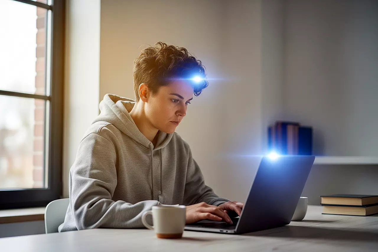 Una persona concentrada trabajando en un portátil con efectos de luz que simbolizan claridad mental y enfoque, en un ambiente de oficina en casa.