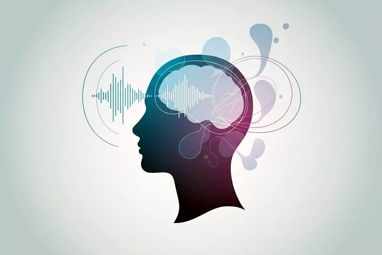 Sintoniza tu mente: las ondas sonoras que promueven la serenidad y el enfoque. Ilustración minimalista del perfil de una cabeza humana con ondas sonoras azules, moradas y blancas emanando de la zona cerebral, evocando calma y concentración.