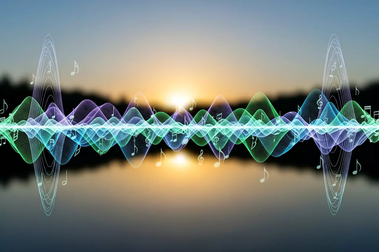 Patrones de luz abstractos y ondas sonoras en colores suaves (azules, verdes, púrpuras) con notas musicales flotantes y un fondo de atardecer tranquilo, simbolizando música relajante.