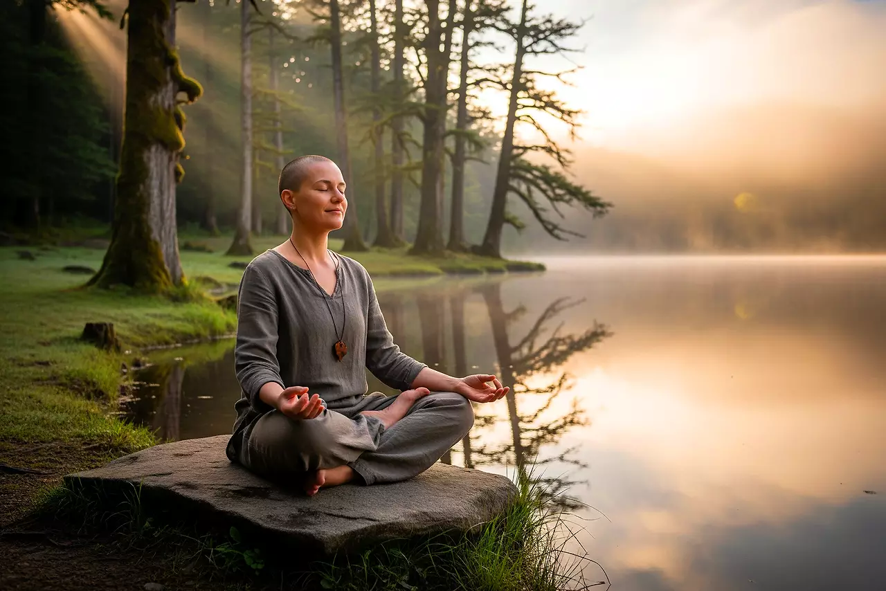 Una persona meditando en pose de loto en una roca junto a un lago sereno al amanecer, con una expresión de profunda paz y armonía.