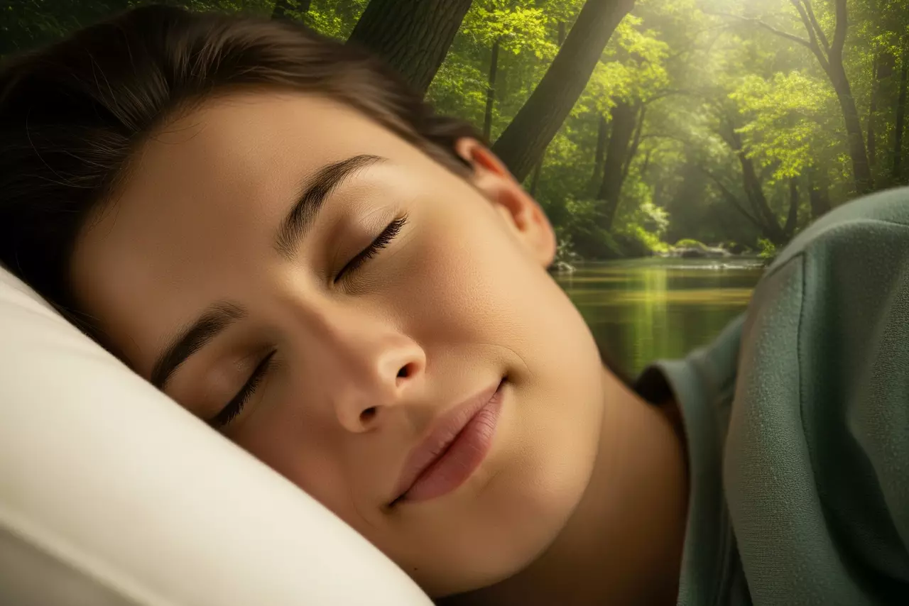 La paz de la naturaleza se refleja en un descanso profundo y reparador. Primer plano de una persona durmiendo plácidamente con una expresión relajada, con un bosque y un río desenfocados de fondo.