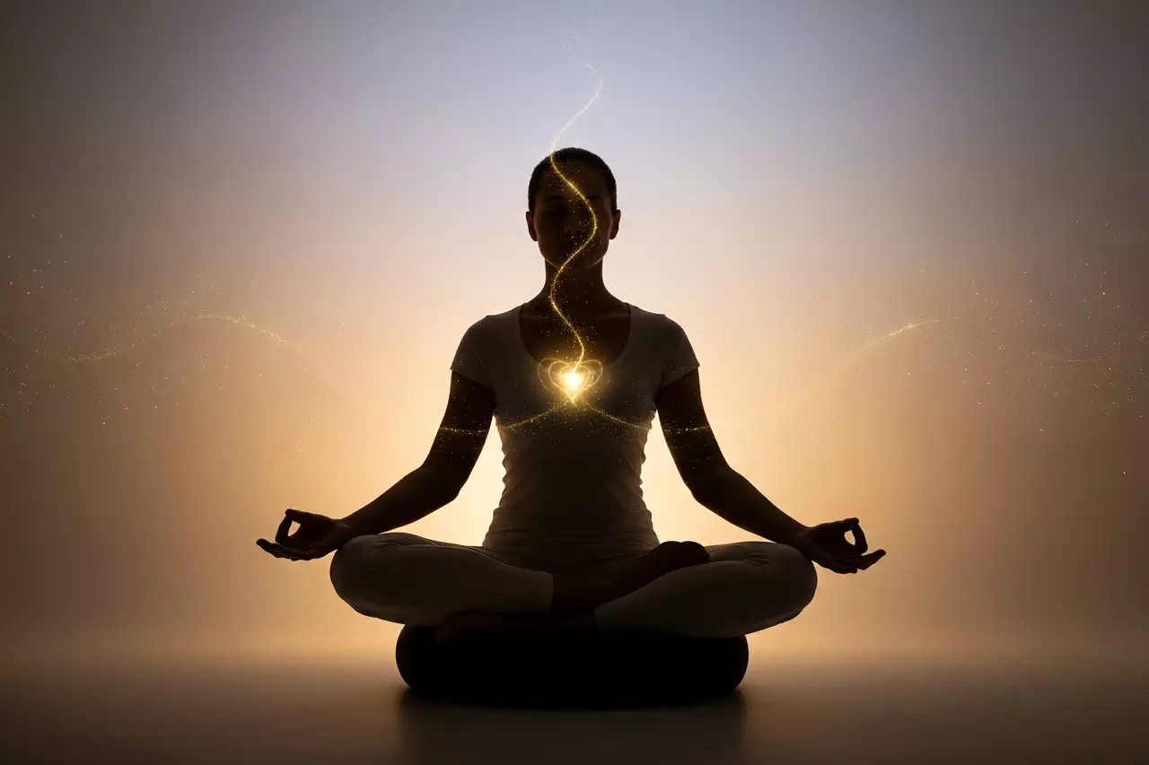 Una persona meditando en pose de loto en un entorno minimalista, con sutiles luces que simbolizan concentración profunda y paz interior.