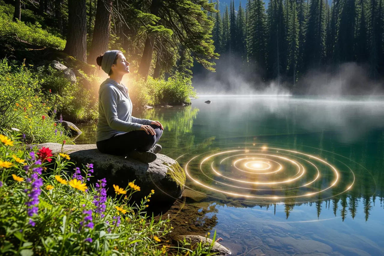 Una persona sentada en una roca junto a un lago de montaña, con los ojos cerrados y ondas de luz emanando del agua, simbolizando la calma y la conexión con los sonidos de la naturaleza.