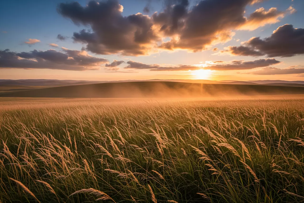 Un vasto campo de hierba alta meciéndose con el viento al atardecer, con nubes dramáticas y el sol poniéndose en el horizonte.