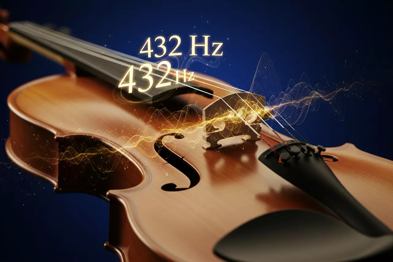 La magia de la música: la frecuencia de 432 Hz transformando cada nota. Fotografía artística de un violín clásico con sus cuerdas mostrando una vibración luminosa y el número '432 Hz' flotando, sobre un fondo azul oscuro.