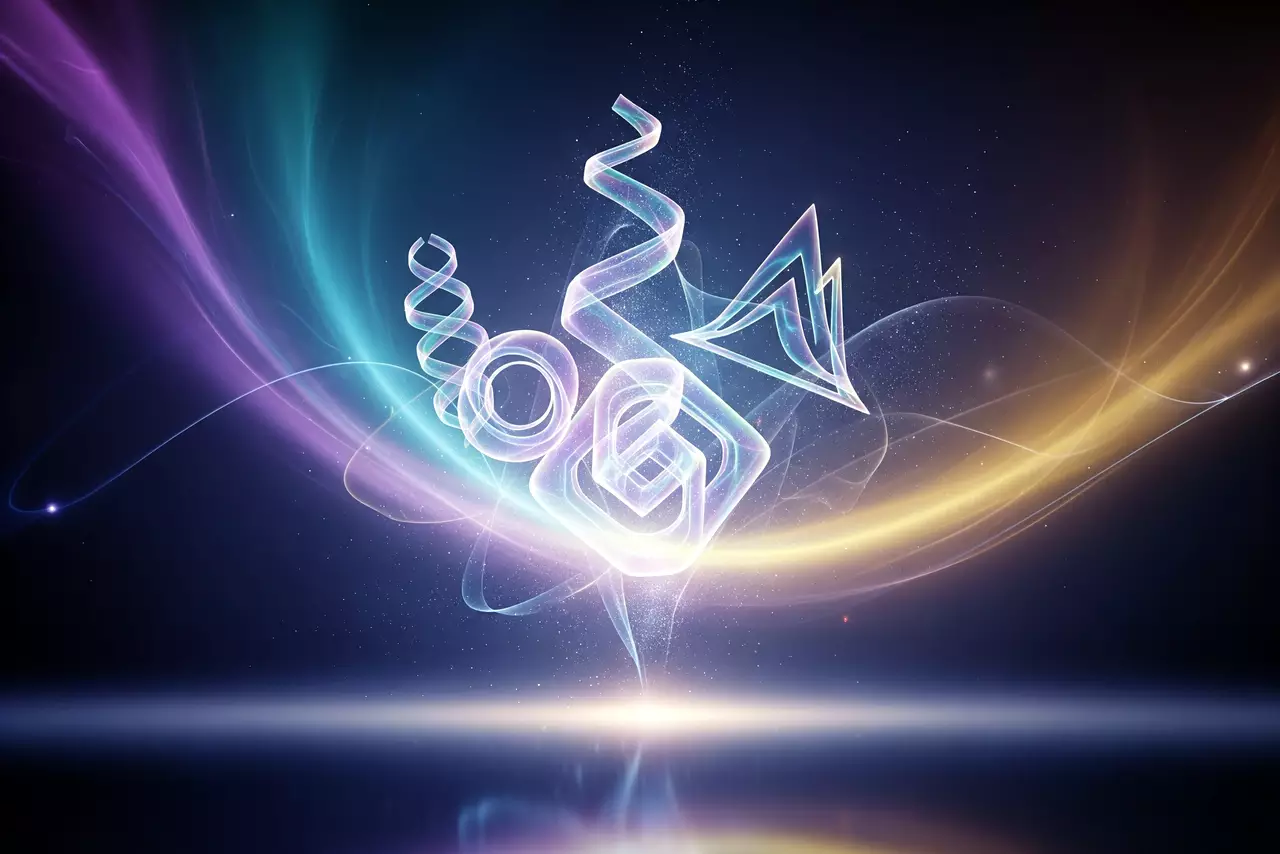 Formas de luz abstractas y vibrantes que emergen de un fondo sereno, simbolizando la visualización creativa, el crecimiento y la innovación.