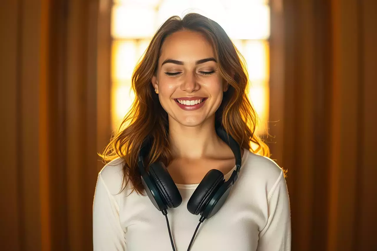 Tu resiliencia emocional empieza ahora. Elige tu primer sonido y déjate acompañar. Persona sonriente sosteniendo auriculares frente a una puerta luminosa que dice ‘Your Sound Journey’, simbolizando el inicio de un camino de sanación con sonido.