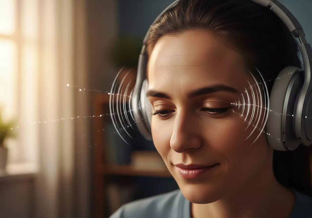 La conciencia sonora no necesita horas. Solo 5 minutos al día, con intención. Persona escuchando audios para el bienestar con auriculares representando la integraciación diaria de la conciencia sonora.
