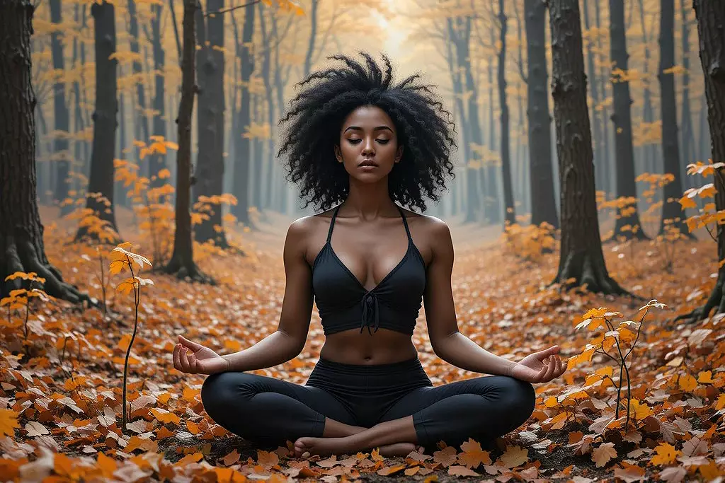 Una mujer meditando en un bosque rodeada de naturaleza, simbolizando la resiliencia emocional a través del sonido.