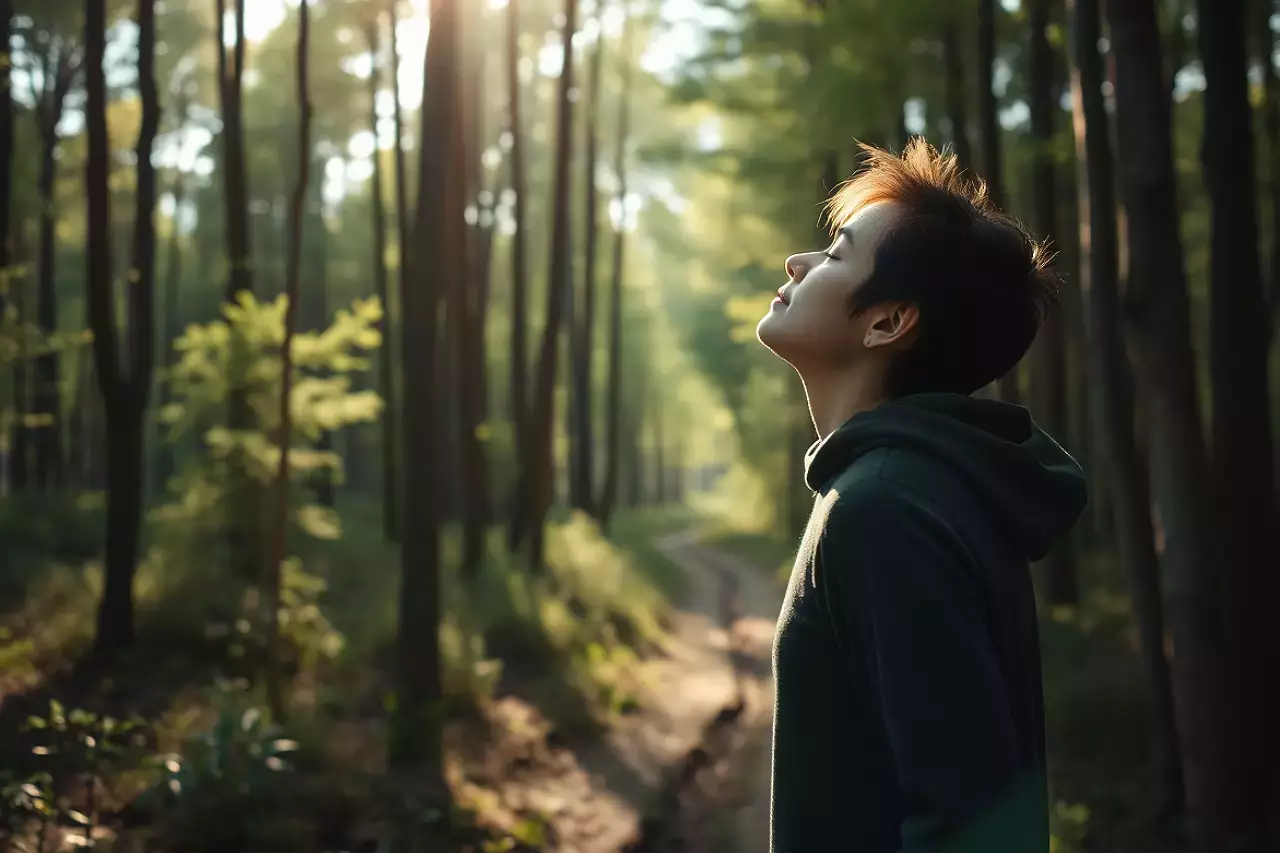 Respira al ritmo dl bosque. La naturaleza te enseña a volver al presente. Meditando en un bosque en primavera, respirando profundamente al ritmo de los sonidos naturales.