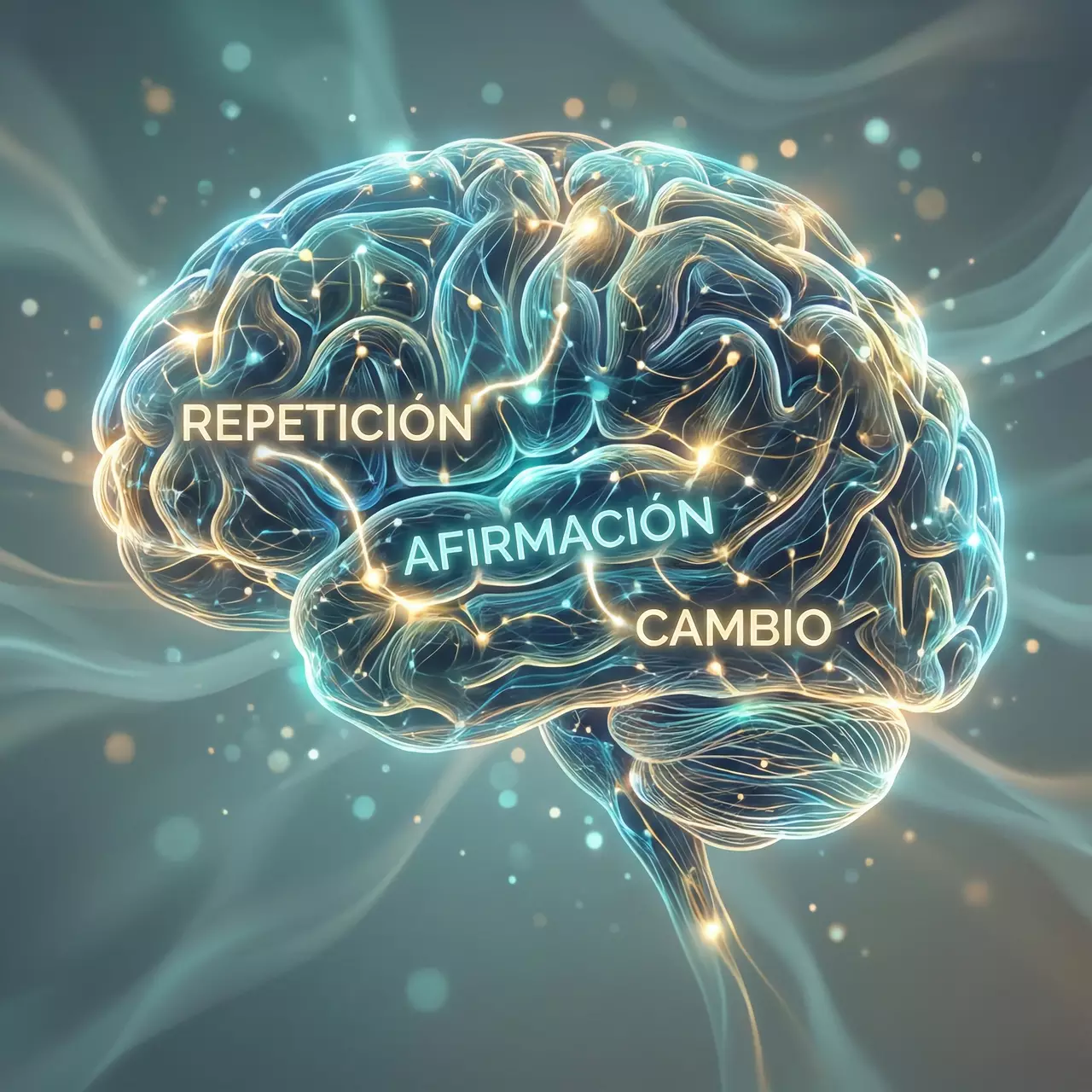 Ilustración de conexiones neuronales formándose con palabras como ‘repetición’ y ‘afirmación’ en un cerebro.