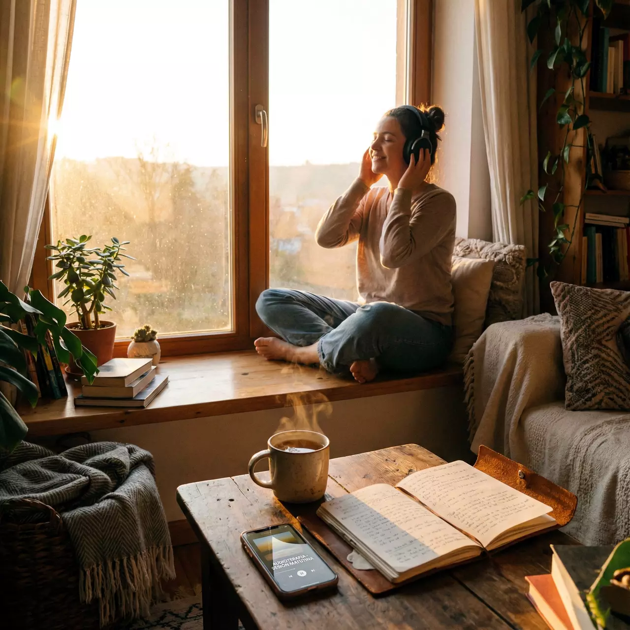 Persona escuchando audioterapia en la ventana al amanecer, con diario y té a su lado.