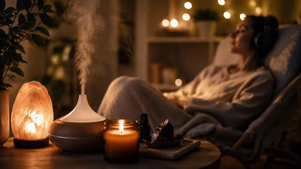 Cuando la luz cálida, la aromaterapia y el sonido se combinan, crean un entorno inmersivo que potencia la relajación del sistema nervioso. Ambiente sereno con lámpara de sal, difusor de aromas y silueta de persona meditando, ilustrando una experiencia de bienestar multisensorial.