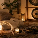 Rincón tranquilo en un salón con una butaca cómoda, alfombra texturizada y luz cálida, preparado como espacio de relajación y bienestar sonoro.