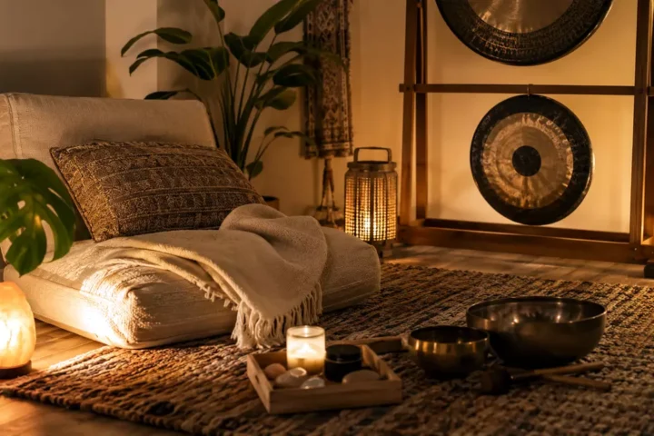 Rincón tranquilo en un salón con una butaca cómoda, alfombra texturizada y luz cálida, preparado como espacio de relajación y bienestar sonoro.