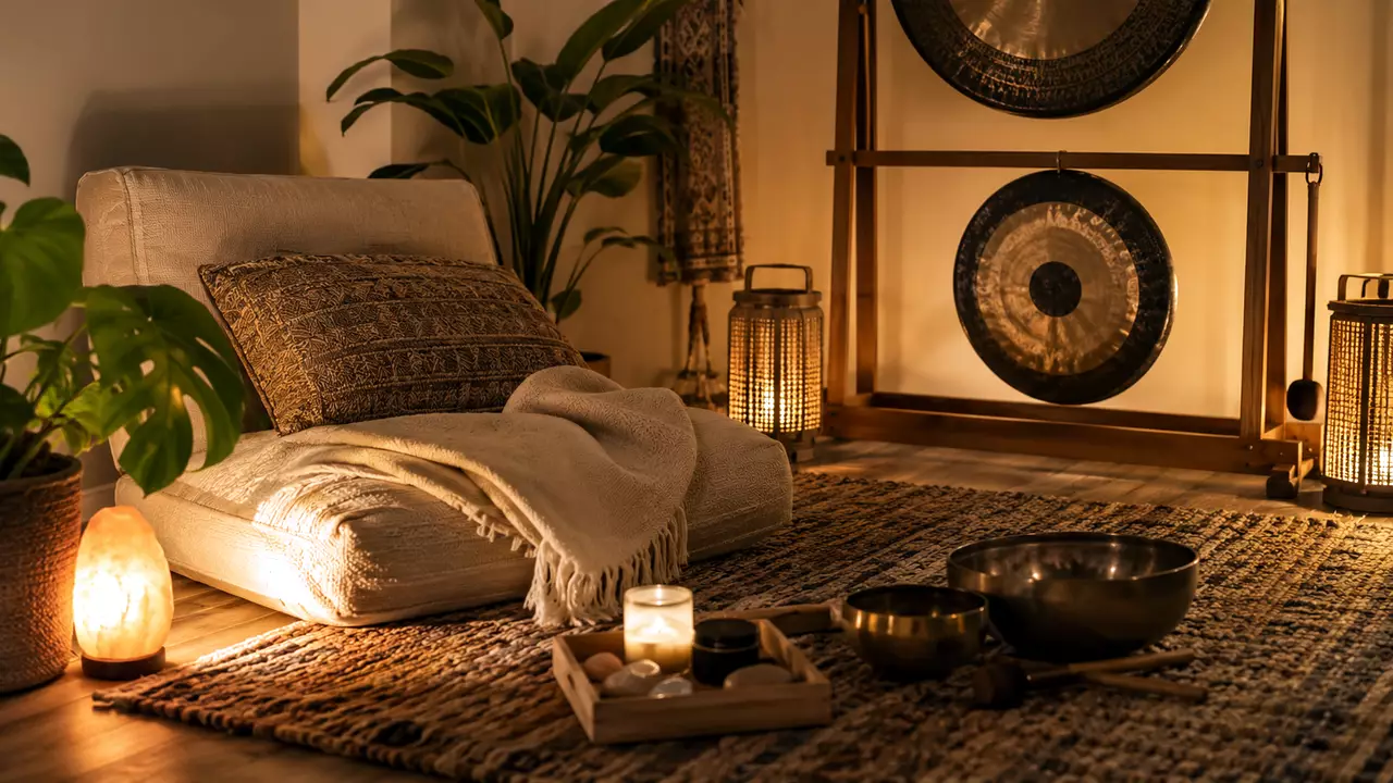 Rincón tranquilo en un salón con una butaca cómoda, alfombra texturizada y luz cálida, preparado como espacio de relajación y bienestar sonoro.
